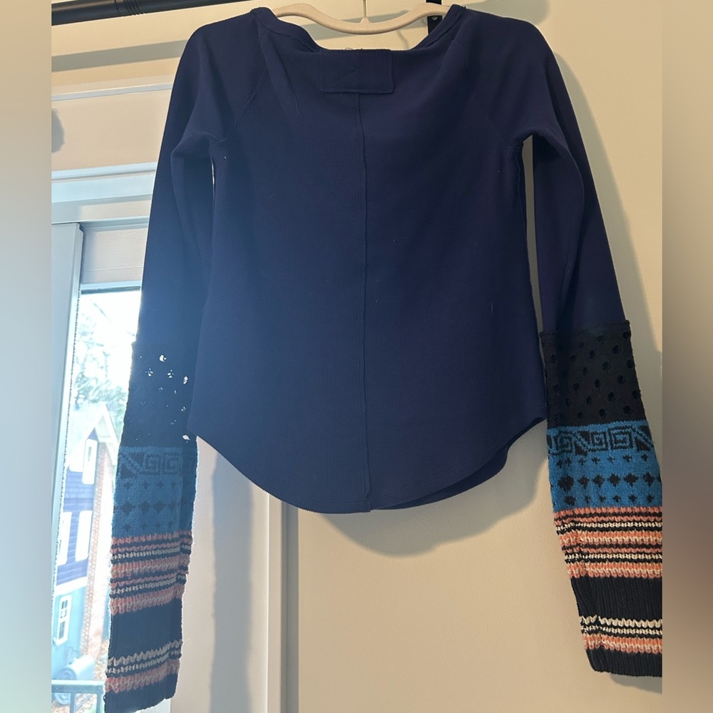 Free People Navy Long Sleeve Top with Patterned Sleeve Accents - Picture 2 of 4